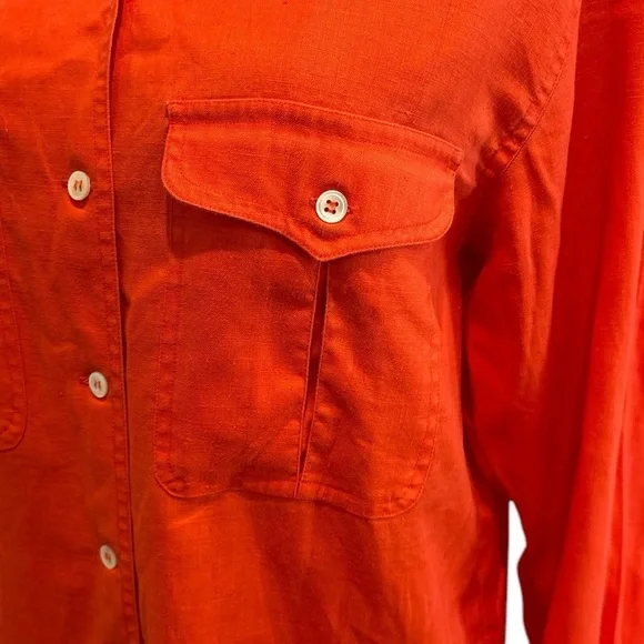 70s LIZ CLAIBORNE LINEN ORANGE SAFARI BLOUSE CASUAL LAGENLOOK WESTERN VIBE SZ S - Picture 5 of 7